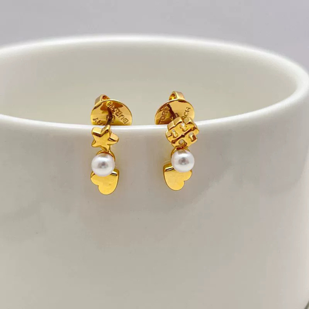 Tory Burch Gold Plated Copper Asymmetric Earrings Pearl Heart Star Letter